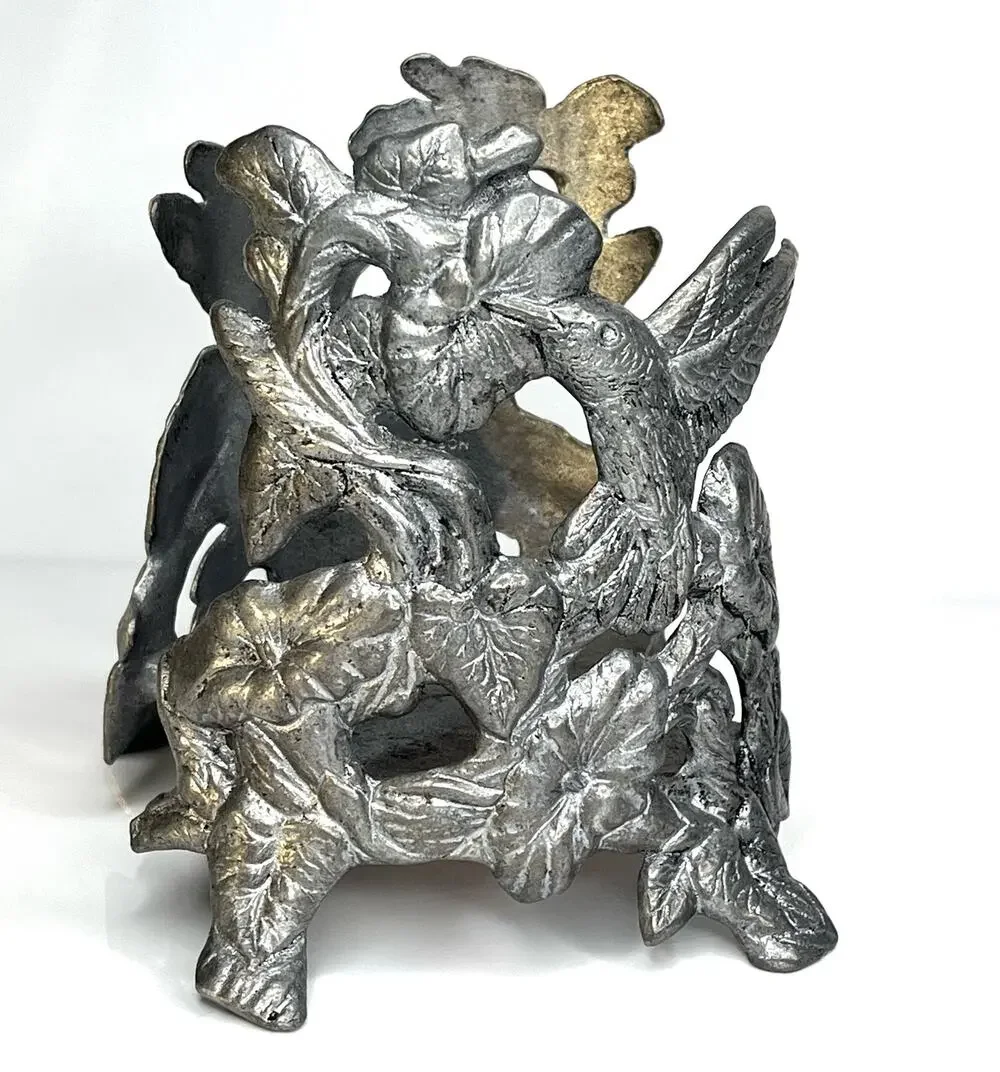 Carson Hummingbird Jar Candle Holder 4.25" Pillar Floral Silver Metal 5.5" Tall